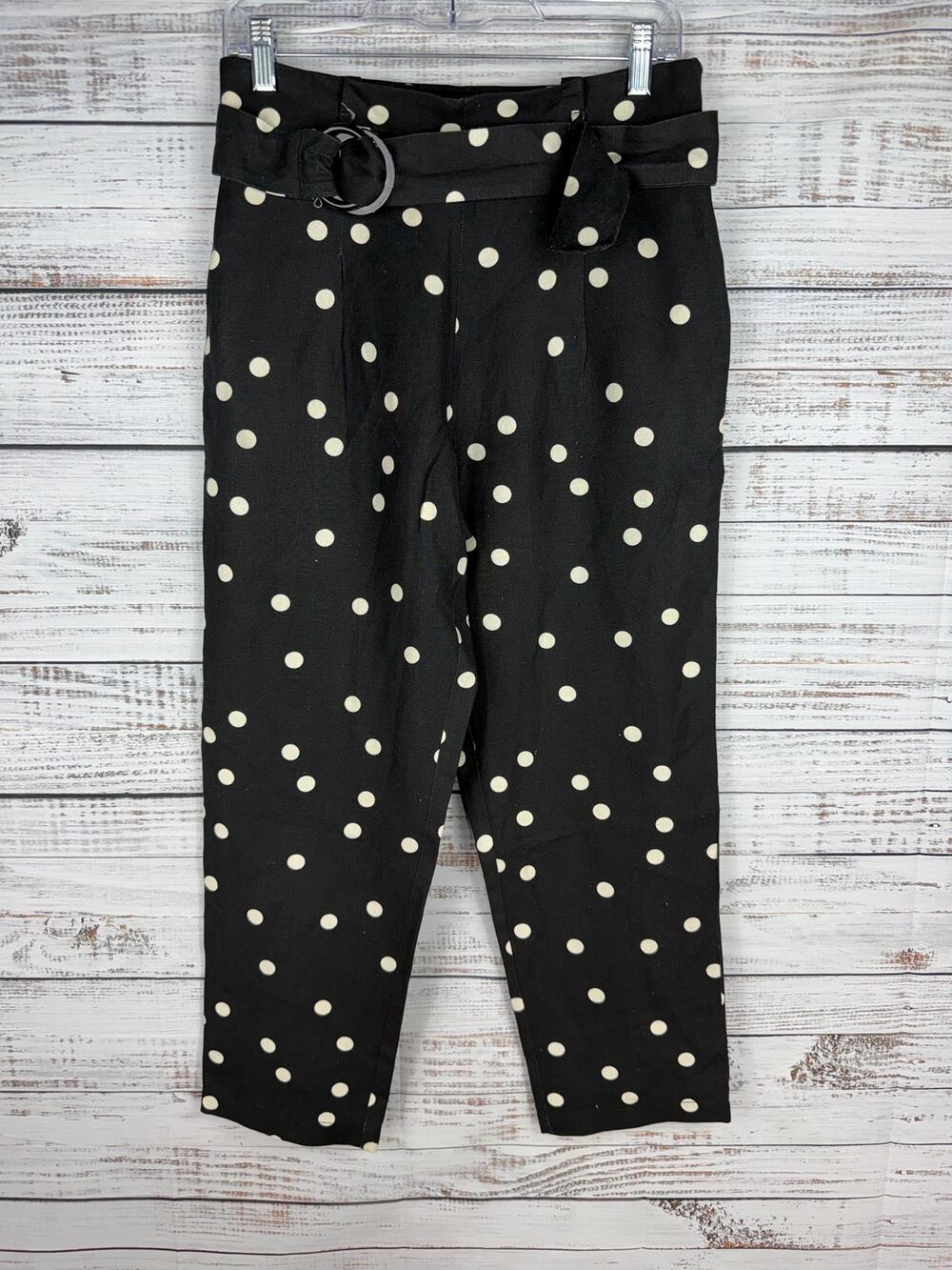 Aqua Black Polka Dot Tapered Leg Ankle Pant Small Linen Career Coastal Business